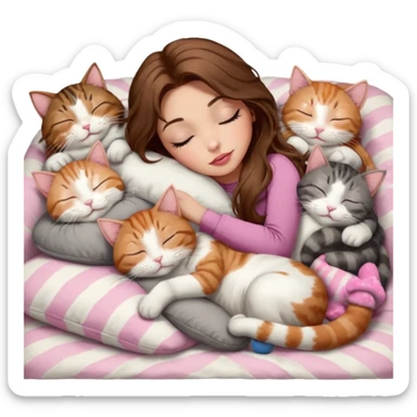 girl with long wavy brown hair, brown eyes, long lashes makeup, sexy pink lips, light to medium complexion,  sleeping on a cozy pillow, with 6 cats: 1 brown and white tabby cat, 1 ginger and white, 2 grey and white, 1 grey with white mittens and small white patch on chest and 1 calico, sleeping sticker