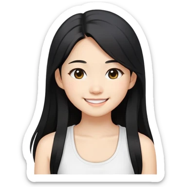 Japanese semi korean girl, light skin long black hair, white tanktop and black outer, and smile sticker