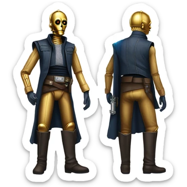 bounty hunter tarnished undercover tough well-equipped Jedi  life-sized darkblue-pearl C3po leather vest clothing pants and vest old west duster coat holding light saber sheriff sticker