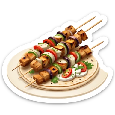 cinematic-realistic-souvlaki-dish-emoji,-showcasing-skewered,-grilled-chicken-with-mediterranean-spices-rendered-with-dynamic-textures-and-warm,-appetizing-lighting on pita bread sticker