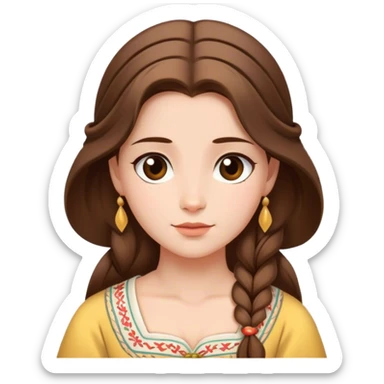 Cinematic Serene Belle Portrait Emoji, rendered in a simplified vector style. Depict a gentle Belle (chest and above) with fair, glowing skin, softly cascading brown hair, and a calm, inviting expression, dressed in her traditional village dress. The image exudes a soft, luminous glow and is outlined with a subtle, warm light. sticker
