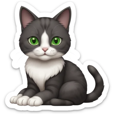 full body view of beautiful female solid dark grey cat with green eyes, white toes/paws and white patch on her chest sticker