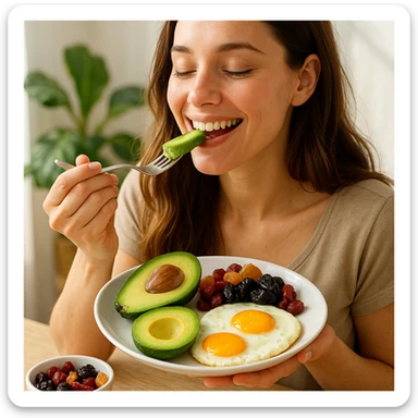 donna che usa come cibo avocado uova e frutta secca sticker