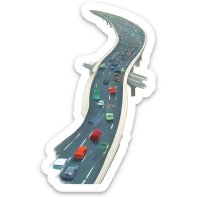 A busy highway with fast-moving cars, surrounded by green fields and distant mountains under a bright blue sky sticker