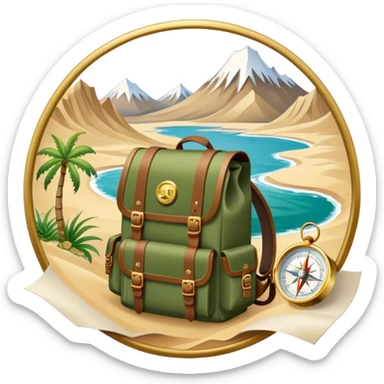 Icon for Expeditions: a compass, a map, a backpack and a rugged expedition jeep, set against a backdrop of snowy mountains, sand dunes and tropical islands. The icon should capture the spirit of adventure and exploration in diverse landscapes. Transparent background. sticker