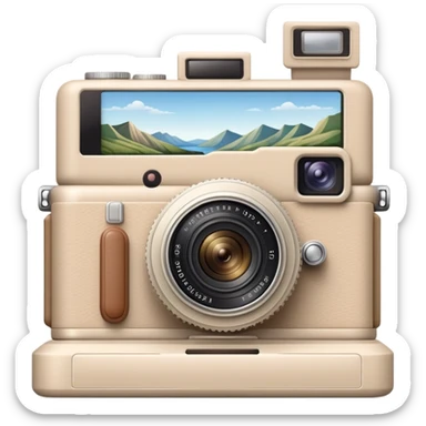 A beige camera and next to it a landscape photograph of the frame behind the camera sticker