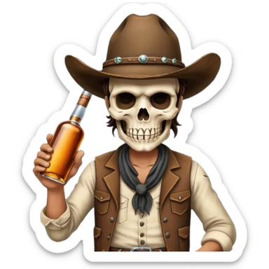 A rough and tumble cowboy with a 6 shooter and a bottle of whiskey. From the view of a bird looking down on the cowboy. Make the graphics dark and gritty in the style of your beeding skull art. sticker