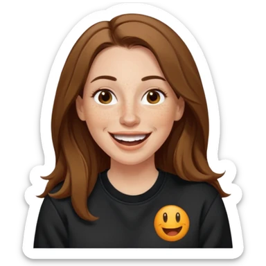 A 38 year old white woman with long brunette hair parted in the middle. She has her nose pierced. Her nose is medium sized. She has brown eyes. She has freckles and is wearing a black sweatshirt and is laughing  sticker
