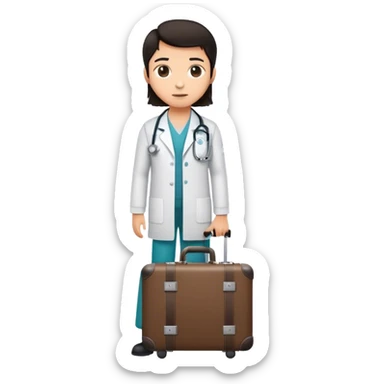 with dark hair and a doctors suit case sticker
