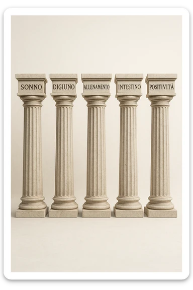 5 pilastri con le scritte "SONNO", "DIGIUNO", "ALLENAMENTO", "INTESTINO", "POSITIVITà" IMMAGINE IPERREALISTICA SFONDO CHIARO IN ITALIANO sticker