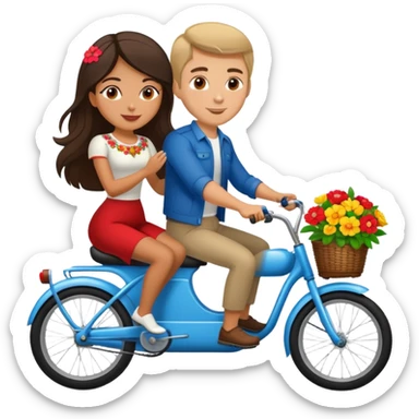 Latina girl with russian man riding a two seater bike with flowers  sticker
