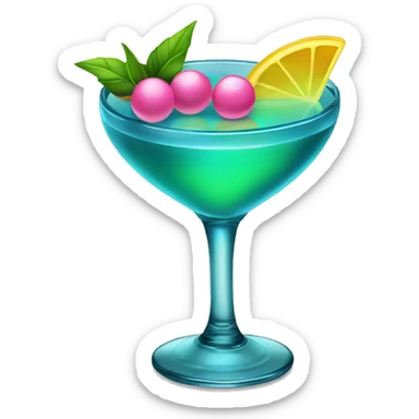 Bluish green cocktail with pink and yellow sticker