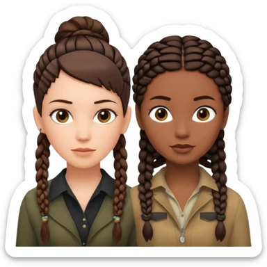 white woman brunette with a pixie hairstyle and black woman with long braids with masculine clothes sticker