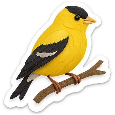 very detailed American Goldfinch perched on a tree branch, intricate cut paper textures, bright yellow feathers, black wings and cap sticker