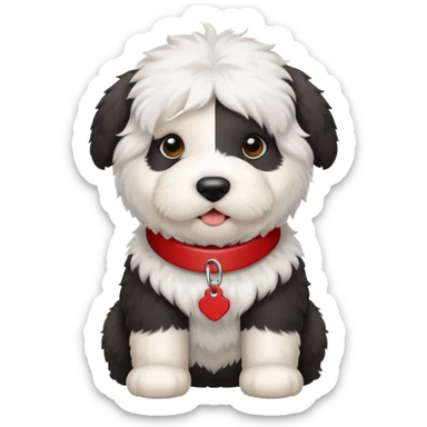 Crea un emoji de un perrito bebé  sheppdog english old con un collar rojo y que la placa diga Rocky sticker