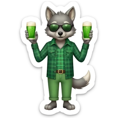 full-body friendly anthropomorphised wolf in green plaid shirt and green attire for St. Patrick's Day, wearing dark sunglasses, upright pose sticker
