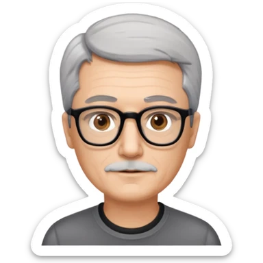 man 60 short grey hair, brown eyes small black rectangle glasses, no beard and no mustache sticker