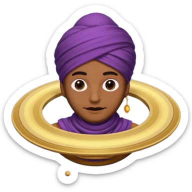 A bold emoji-style illustration with Saturn 🪐 as the dominant element, clearly showing its bright rings. Inside the planet, a stylized man wearing a colorful turban 👳🏾‍♂️, depicted as a mystical or adventurous character, sitting or floating within Saturn, integrated with the planet’s texture. . sticker