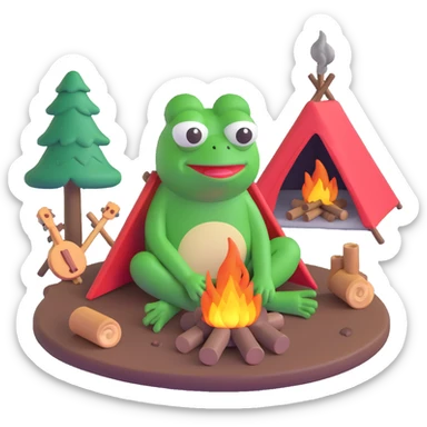 Pepe the Frog sitting by a campfire, looking sad, 3D emoji style sticker