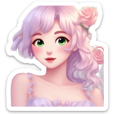 Gorgeous pastel anime style lady with blushing face and roses cottagecore fairycore pastelcore shiny colorful pearly petite simplistic aesthetic trending style sticker