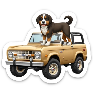 Sand colored ford bronco with no roof and Bernese mountain dog in the back sticker