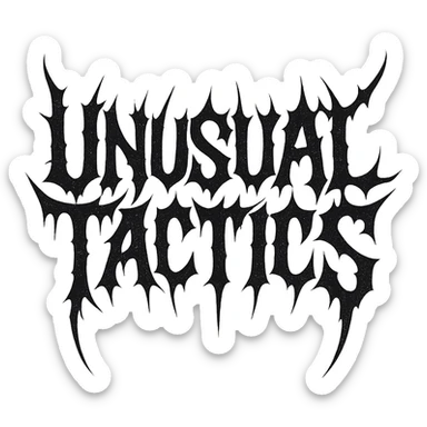 a logo, resembling that of metal band logo, for the text: "unusual tactics", drip font, symmetrical lettering, lettering only sticker