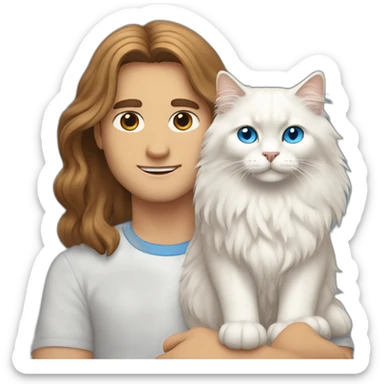 man with brown long hair and blue eyes holding a white Siberian cat sticker