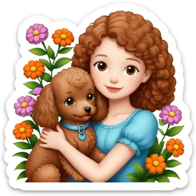 A beautiful girl happily hugs a brown toy  poodle in the flowers sticker