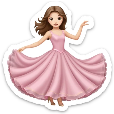 happy white long brunette hair girl with hazel eyes in light pink ballroom dancing sticker