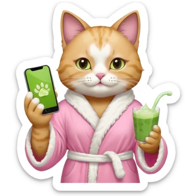 I want a CAT whit a iced macha on her paw and i want her to ne wearing a pink bath rope And she will have a face mask on her face and phone on the opisite paw whit the macha sticker