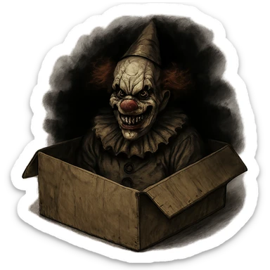 creepy clown sitting inside a cardboard shipping box, wide grin, eerie eyes, shadows sticker