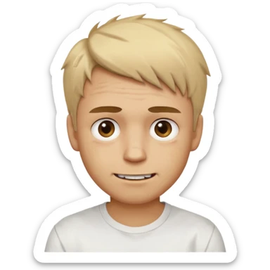 Male with short, messy blonde hair, large expressive golden-brown eyes, light brown skin, subtle facial bruises and scratches, crooked smile showing slightly damaged teeth, wearing a plain white t-shirt, friendly but creepy expression. sticker