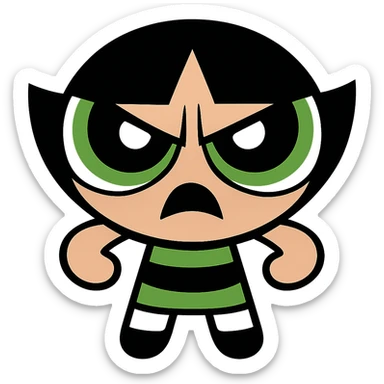 Buttercup, cartoon girl with short black hair and big eyes, inspired by Powerpuff Girls, scary intimidating face, vibrant cartoon style sticker