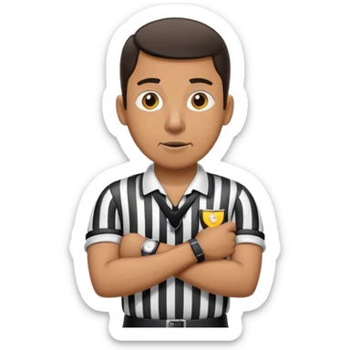Referee with a whistle in his mouth and arms crossed looking at his watch sticker