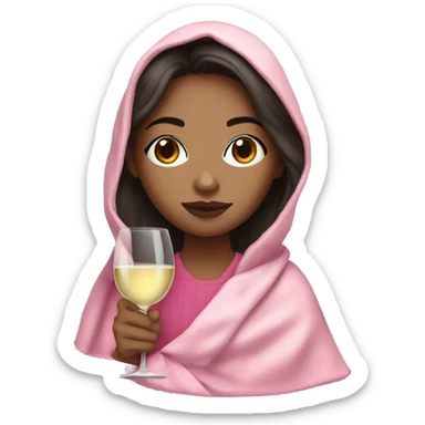 a girl with light skin and dark hair and a glass of white wine wrapped in a pink blanket sticker