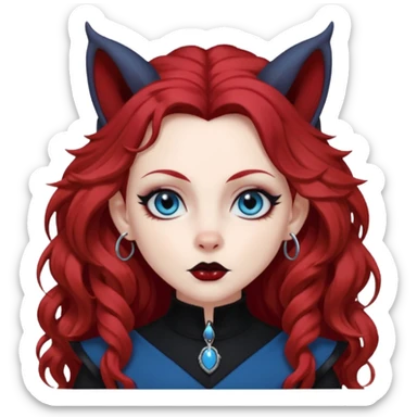  long curly red hair (darker), red pointed ears with black trim, black goth outfits, body and face human, blue eyes, more pointy chin, black lipstick, big fluffy red squirrel tail with black tips, like the attached photo with more outfits and poses,  sticker