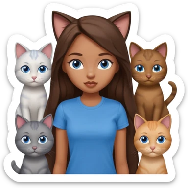 a pretty bratz dusky girl with long brown hair, blue eyes with six cats nd wearing a grey tshirt sticker