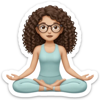 Memoji-stylegirl with long dark brown curly hair, round glasses, large brown eyes, soft rounded face, warm beige skin tone, wearing neutral Pilates activewear, calm wellness aesthetic, pastel colors, sticker-style digital illustration, smooth shading, white outline,reformer pilates doing. sticker
