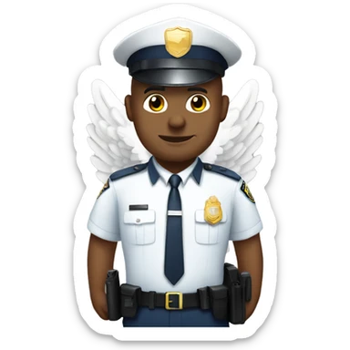 A WHITE Police man bald with cap with Big ANGEL WINGS sticker