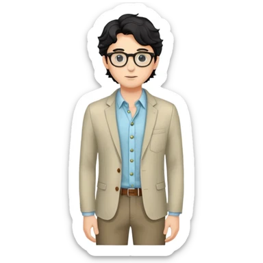 Young caucasian man with black wavy hair, round glasses, wearing semi-formal attire for theater - button-up shirt, blazer, nice pants sticker