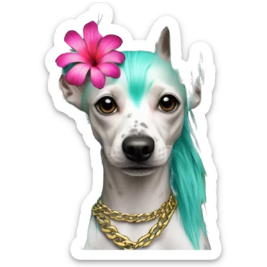 Punk tropical palm leaves flowers Chinese crested dog neon rainbow cyan green pink hair gold chain punk piercings tattoos punk ear piercings sticker