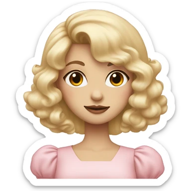 Blonde, pale girl with bangs and long, curly hair and a pastel pink puff sleeve dress sticker