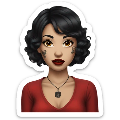 Pale black haired girl with black tattoos on body wearing red lipstick  sticker