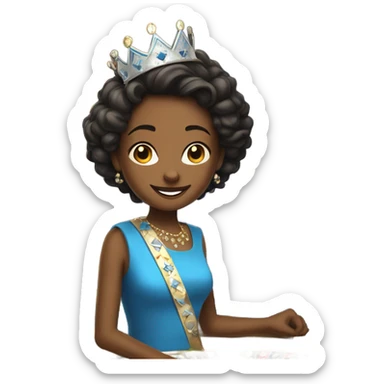 smiling boy in blue shirt dress as a queen at a casino sticker