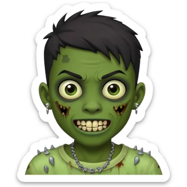 Make a boy zombie dark skin and short black 4c hair, showing a studded grillz teeth with a earing sticker