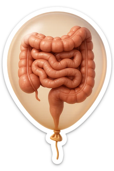 EMOJI STILE IPHONE 3D DI UN INTESTINO CHIUSO IN UN PALLONCINO CHE SIMBOLEGGIA GONFIORE, IPERREALISTICA 4K sticker