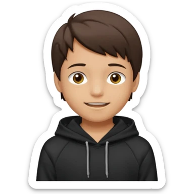 A brunette boy, short straight hair, light brown eyes, with a black sweatshirt with a hoodie, and smile without teeth  sticker