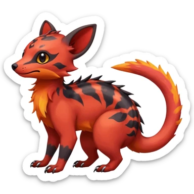 Rare tropical warm-colored exotic cute epic aesthetic colorful Salandit-Eevee-Civet-species-Fakemon-hybrid-creature, with wild fiery markings, full body sticker