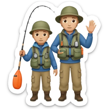 Father and son in fishing gear gesturing that they are cold, full body sticker