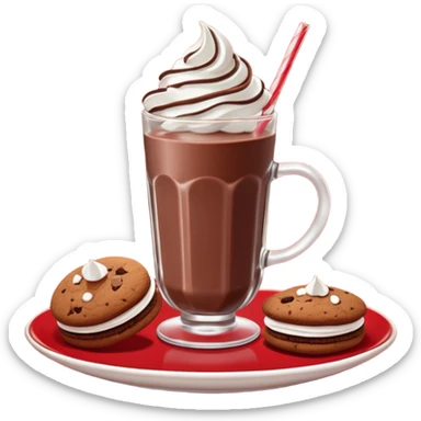 A glass of chocolate milk sits on a red saucer surrounded by chocolate cookies and sugar meringues. sticker
